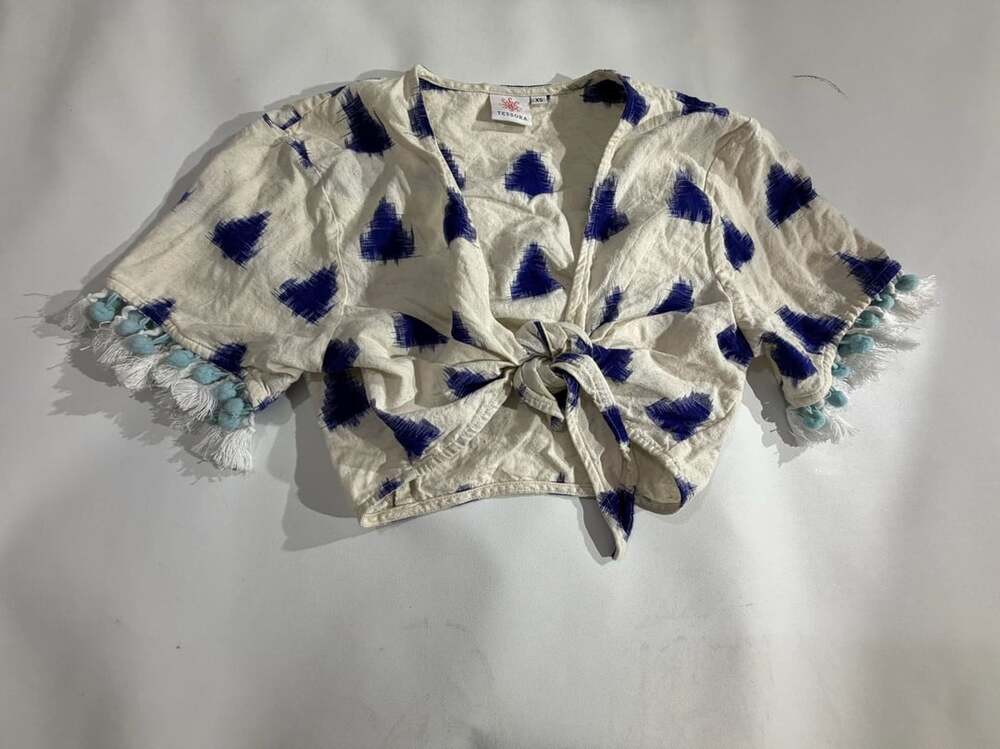 Tessora Blue White Ikat Printed Tie Front Fringe Crop Top XS